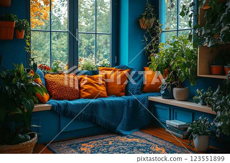 Cozy reading nook with a plush blue blanket, vibrant orange cushions, and lush green plants by the window Cozy reading nook with a plush blue blanket, vibrant orange cushions, and lush green plants by the window 123551899