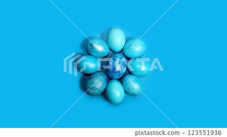 Happy Easter concept, spring greeting card, composition with blue decorated eggs on a delicate background. Minimal holiday concept, space for text, banner for screen, selective focus Happy Easter concept, spring greeting card, composition with blue decorated eggs on a delicate background. Minimal holiday concept, space for text, banner for screen, selective focus 123551936