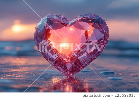 Volumetric heart on the background of pink sky, sea and sunset, Valentine's Day, February 14 123552035