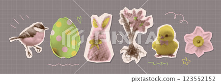 Halftone Easter day collage elements set, romantic card clipart with cutout paper elements for greeting poster with dotted icons. Torn out cute cozy isolated vector design. Halftone Easter day collage elements set, romantic card clipart with cutout paper elements for greeting poster with dotted icons. Torn out cute cozy isolated vector design. 123552152