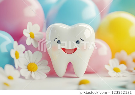 Cute cartoon volumetric white tooth surrounded by flowers and balloons, dentistry, medicine, molar 123552181