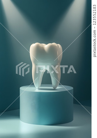 white healthy tooth on podium for product demonstration, dentistry, dentist, treatment, health, health care 123552183