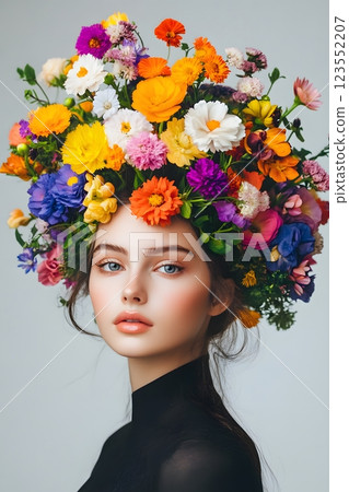 Futuristic creative portrait of a girl with colorful spring flowers on her head, floristics, springtime 123552207