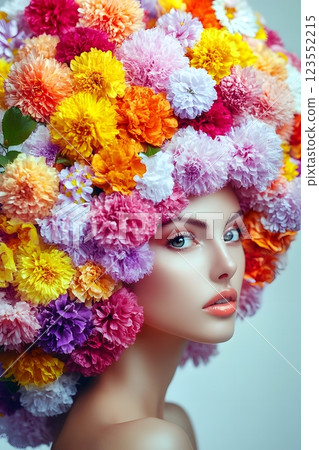 Futuristic creative portrait of a girl with colorful spring flowers on her head, floristics, springtime 123552215