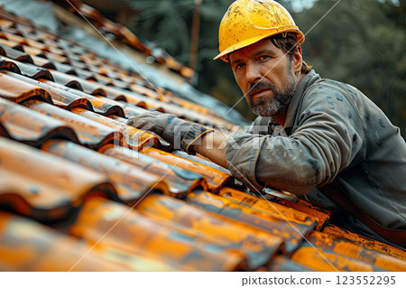 Man in hard hat is working on roof. Concept of hard work and determination 123552295