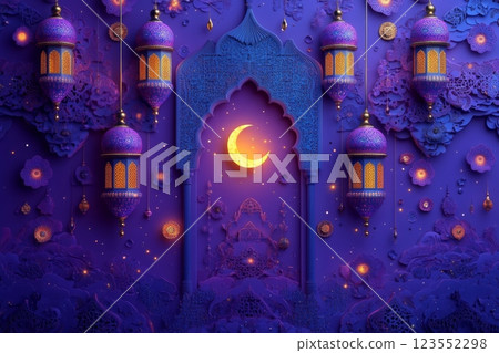 Crescent and Lanterns in Ornate Purple Ramadan Decor 123552298