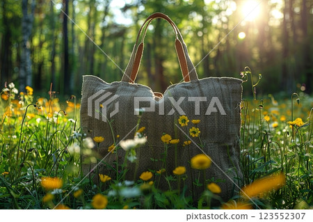 Eco-Friendly Jute Bag in a Sunlit Meadow Eco-Friendly Jute Bag in a Sunlit Meadow 123552307