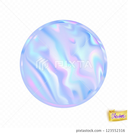 Holographic circle sticker with the shadow. Abstract round trendy wallpaper background. Hologram texture. Premium quality. Modern vector  for mockup design 123552316