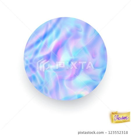 Holographic circle sticker with the shadow. Abstract round trendy wallpaper background. Hologram texture. Premium quality. Modern vector  for mockup design 123552318