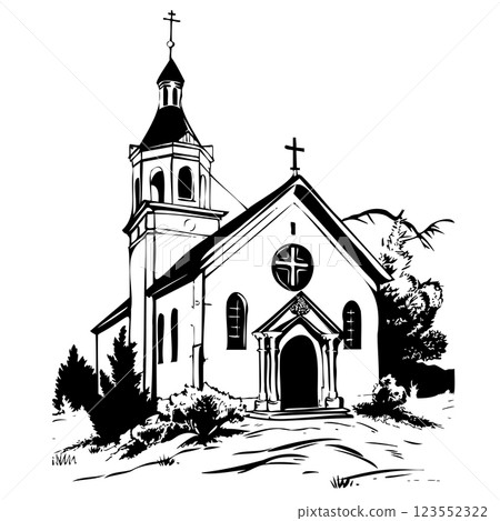 Black and white artistic sketch of a historic church with twin towers. Vector illustration. Black outlines, white background. For wedding, first communion, baptism invitation. AI Generated 123552322