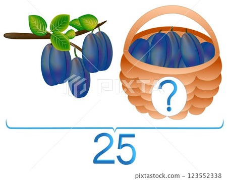 Educational games for children, subtraction, examples with plums. Educational games for children, subtraction, examples with plums. 123552338
