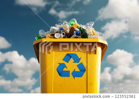 Yellow recycling bin, plastic, sustainability 123552361
