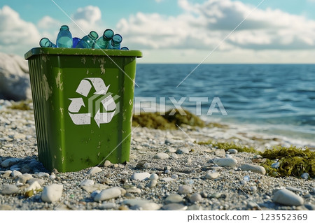 Glass waste container, bottles, sustainable development, sea 123552369