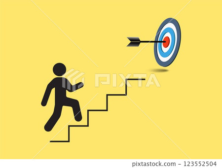 A person climbing stairs toward target, dart hit the center of the target on top of the staircase. Steps for goal. Success and goal achievement concept 123552504
