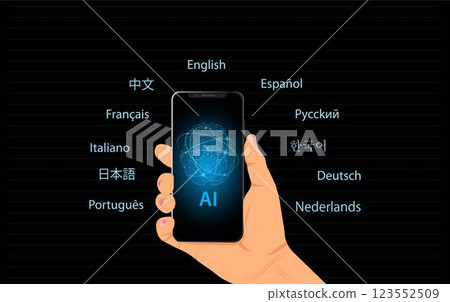 A hand holds a smartphone displaying an AI-powered language translation app. AI-Powered Language Translate App Concept. A hand holds a smartphone displaying an AI-powered language translation app. AI-Powered Language Translate App Concept. 123552509