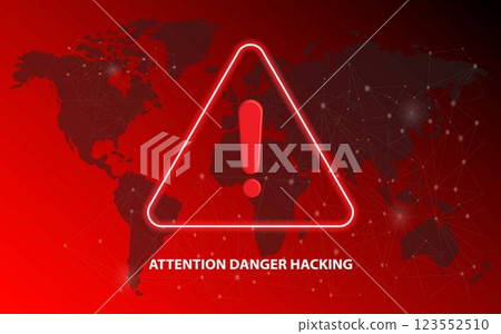 Attention Danger Hacking. Security protection, Malware, Hack Attack, Data Breach Concept. System hacked error, Attacker alert. Ransomware. Vector illustration  123552510