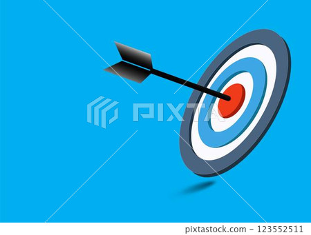 Black dart hitting the red target. Arrow dart symbolizes goal setting, precision, business strategy, success, achieving objectives, and target market. Black dart hitting the red target. Arrow dart symbolizes goal setting, precision, business strategy, success, achieving objectives, and target market. 123552511