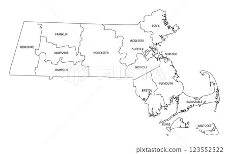 State of Massachusetts subdivided into 14 counties, outline map. Commonwealth of Massachusetts, a state in the New England region of Northeastern United States, nicknamed The Bay State. Vector 123552522