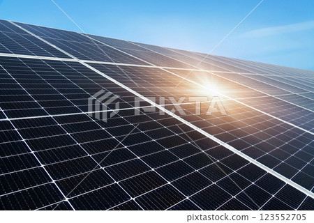 Solar power station. Solar panels, photovoltaics, alternative source of electricity - concept of sustainable and renewable sources. 123552705