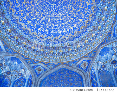 Geometric decoration of Islamic architecture. Samarkand, Uzbekistan 123552722
