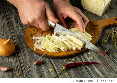 Fresh cabbage is being finely sliced on a wooden board. Nearby garlic, onion, and a red chili add color and flavor to the preparation. The setting features a rustic kitchen ambiance 123552732