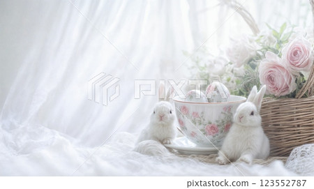 Easter white bunny near beautiful floral arrangement with decorative eggs in a delicate bowl placed on soft white fabric background for serene spring ambiance. Easter background with copy space 123552787
