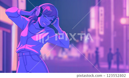Stylish illustration of a young woman wearing headphones and enjoying music in a vibrant urban night scene Stylish illustration of a young woman wearing headphones and enjoying music in a vibrant urban night scene 123552802