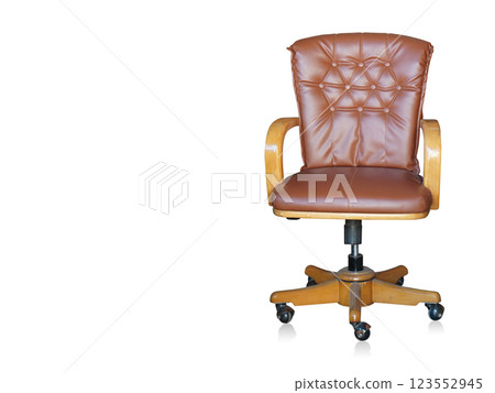 front view brown leather and brown wooden chair on white background, object, decor, furniture, fashion, home, house, copy space 123552945