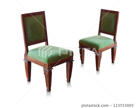 side view antique two green and brown wooden chairs on isolated background, decor, fashion, ancient, copy space side view antique two green and brown wooden chairs on isolated background, decor, fashion, ancient, copy space 123553005