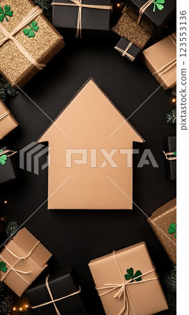 St. Patricks Day decorations showcase a charming house made from paper, accompanied by black gift boxes and green shamrocks 123553136