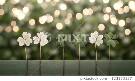 A collection of four-leaf clovers in the foreground brings luck into a soft green gradient backdrop, perfect for St 123553137