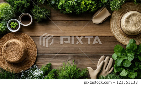 Gardening tools, gloves, and plants are beautifully arranged on a wooden table, creating an inspiring setup for gardening 123553138