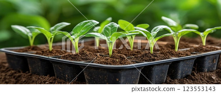 Young green seedlings thrive in a tray while gardening tools rest nearby in a lush, vibrant garden Young green seedlings thrive in a tray while gardening tools rest nearby in a lush, vibrant garden 123553143
