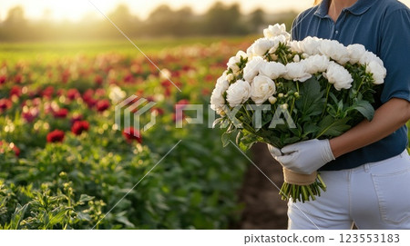 A woman in a blue shirt carries a large bouquet of pink and white chrysanthemums in a vibrant flower field during daylight 123553183