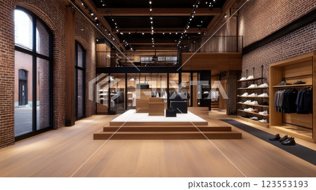 Chic clothing store interior showcases trendy womens wear, stylish shoes, and elegant displays in soft pastel colors 123553193