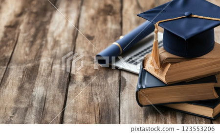 A graduation cap and diploma rest on books next to a laptop and construction model, showcasing modern educational goals 123553206
