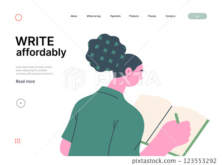 Writing people, modern flat vector concept illustration- sitting woman thoughtfully writing on notebook. Metaphor for reflection, personal insight, contemplation, creative expression 123553292