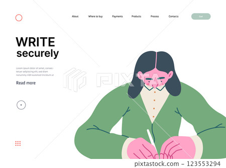 Writing people, modern flat vector concept illustration- sitting woman thoughtfully writing on paper. Metaphor for reflection, personal insight, contemplation, creative expression 123553294