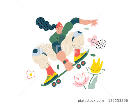 Life Unframed: Skateboarder -modern flat vector concept illustration of skater jumping above flowers. Metaphor of unpredictability, imagination, whimsy, cycle of existence, play, growth and discovery 123553296