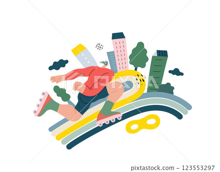 Life Unframed: Roller -modern flat vector concept illustration of a man rollerblading across rainbow. Metaphor of unpredictability, imagination, whimsy, cycle of existence, play, growth and discovery 123553297