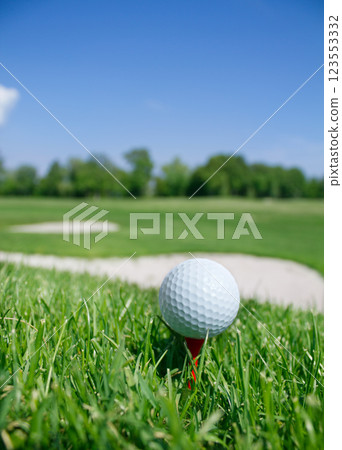 Golf ball on tee Golf ball on tee 123553332