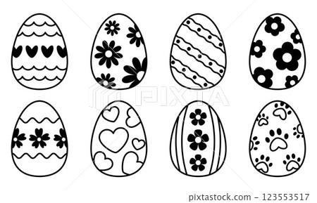 Black outline Easter Eggs with decorative patterns, hearts, flowers, animal feet and wavy lines. Easter egg colouring set. Editable Stroke. Fun Holiday Activity for Kids 123553517