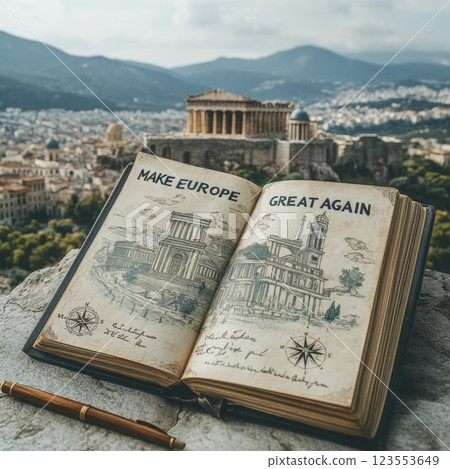 Vintage book open on a stone ledge overlooking view of ancient ruins and modern buildings, with inscription Make Europe Great Again clearly visible. The backdrop features hills with ancient temples 123553649
