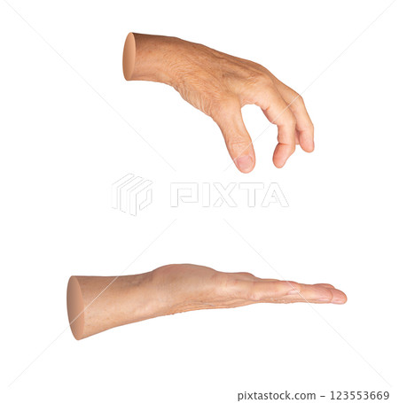 An elderly hand with detailed skin texture, wrinkles, and veins, offering and receiving an invisible 123553669
