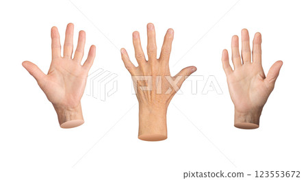 An elderly hand with palm spread, fingers raised in a stop gesture, showing wrinkles, veins, and 123553672