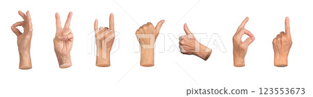 An elderly woman making various hand gestures, including OK, peace, victory, and horn signs. Thumb 123553673