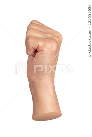 Elderly hand clenched into a fist, symbolizing power, strength, and defiance. Wrinkled, aged fingers 123553686