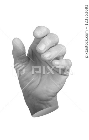 Elderly hand grasping an invisible object, fingers slightly curled, thumb extended in a symbolic 123553693