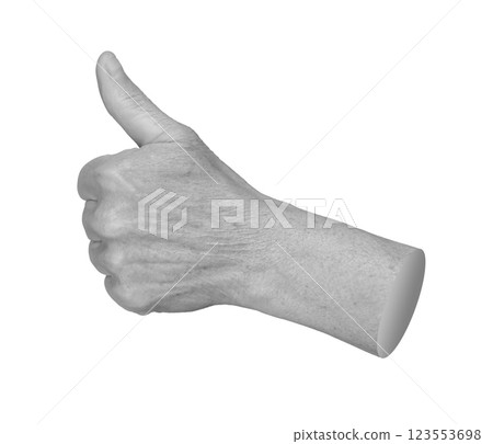 Elderly hand making a thumbs up gesture, symbolizing approval and encouragement. Wrinkled, aged skin 123553698