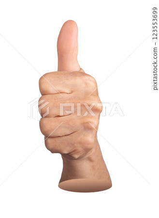 Elderly hand making a thumbs up gesture, symbolizing approval and success. Wrinkled, aged fingers in 123553699